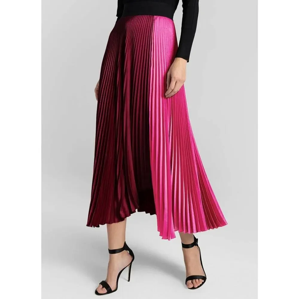 A.L.C. Grainger Pleated Midi Skirt Pink Burgundy Colorblock 14